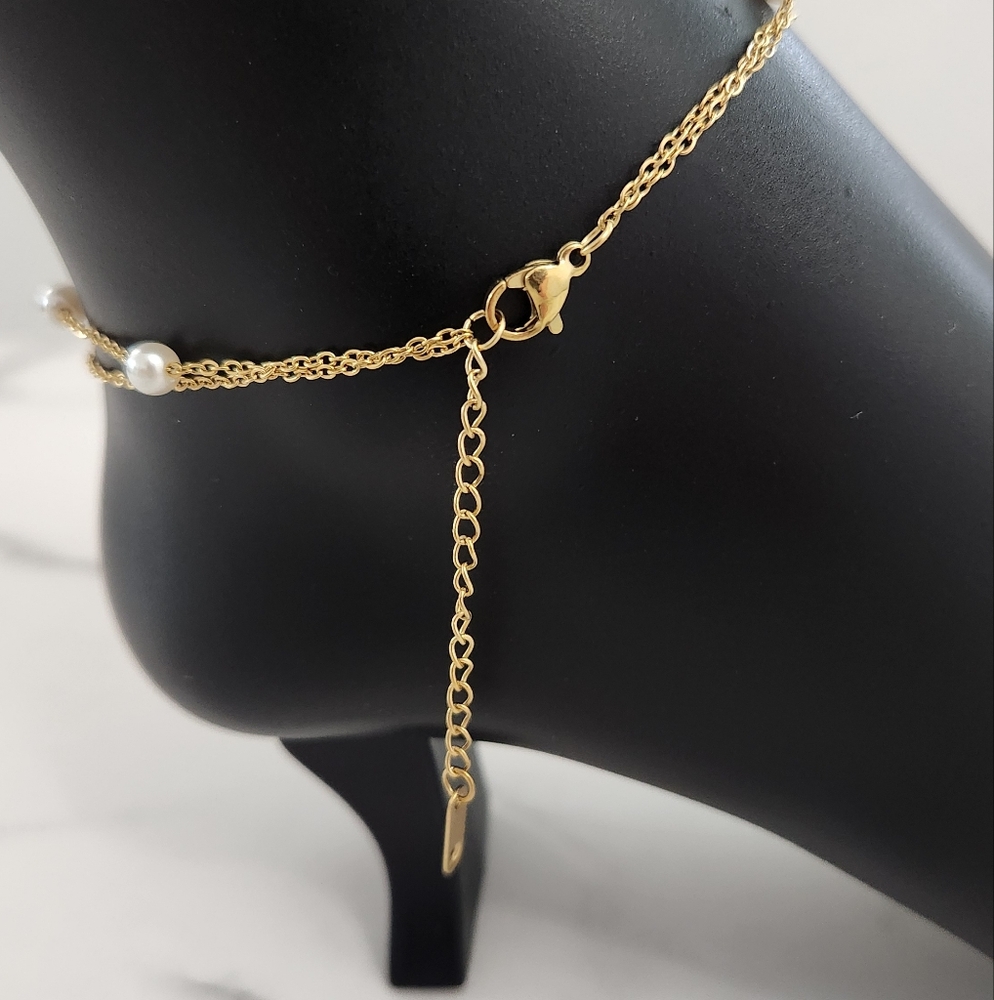Gold Plated Butterfly Artificial Pearl Layered Design Anklet - Picture 9 of 13